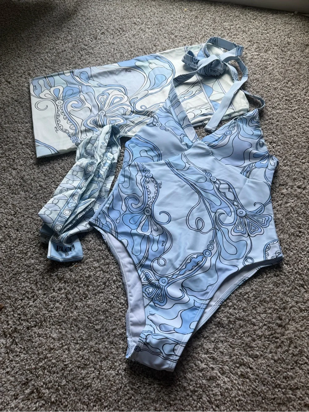 Light Blue Swirl One-Piece Swimsuit with Matching Cover-Up  Authenticated
